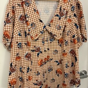 Unique Vintage Gingham Blouse with Orange & Blue Floral Print